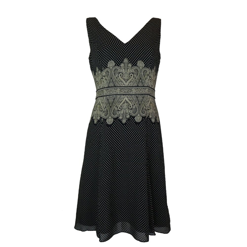 Adrianna Papell Black Tan Silk Polka Dot Paisley Sleeveless Midi A-Line Dress 8P